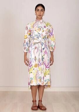 Banjanan Gemma Belted Midi Aline Shirt Dress White Marine Mirage S NWT Coastal